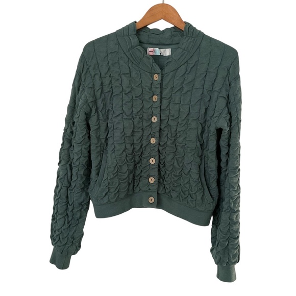 Free People Beach Sunny Cardigan XS Green Bomber Grid Textured Boho Comfy - Picture 1 of 10
